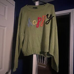 SHEIN Olive Green Crew Neck Sweater with Multicolor 'Happy' Design